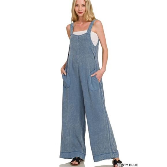 Zenana Double Gauze Washed Wide Leg Overalls - Picture 1 of 3